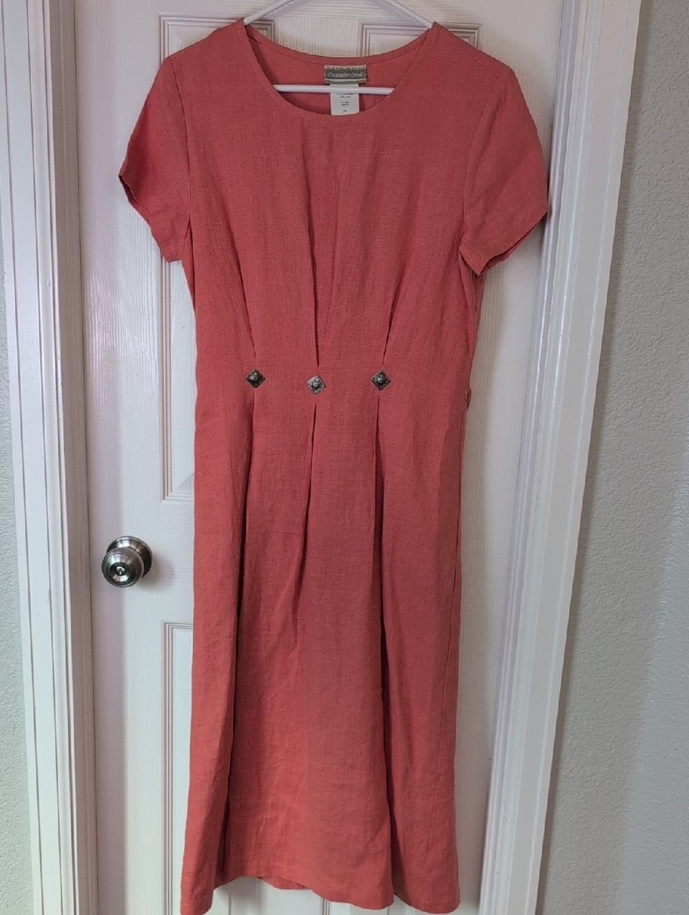 Coldwater Creek 100% Linen Vintage Coral Dress with Decorative Waist Buttons